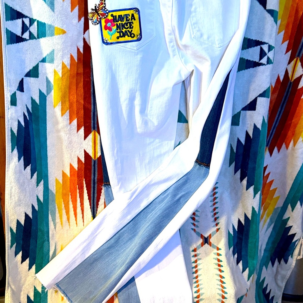 Reworked J Brand White Jeans with Blue Jean Accents Patchwork “Have a Nice Day”